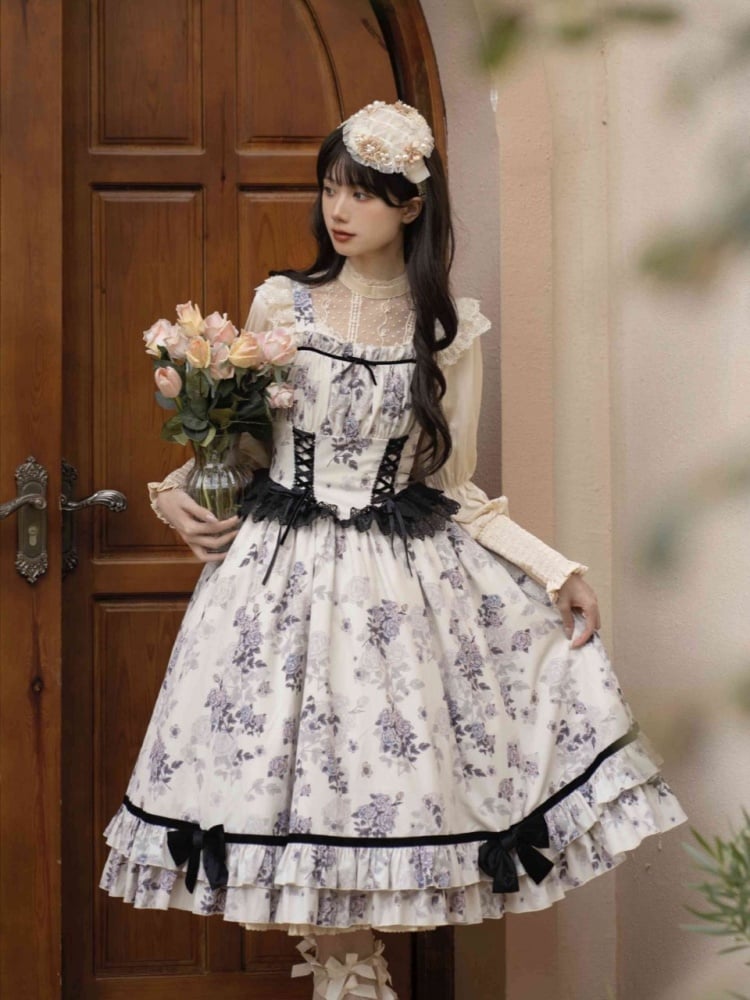 Elegant Rosette Print Beige and Black Basque Waist Jumper Skirt