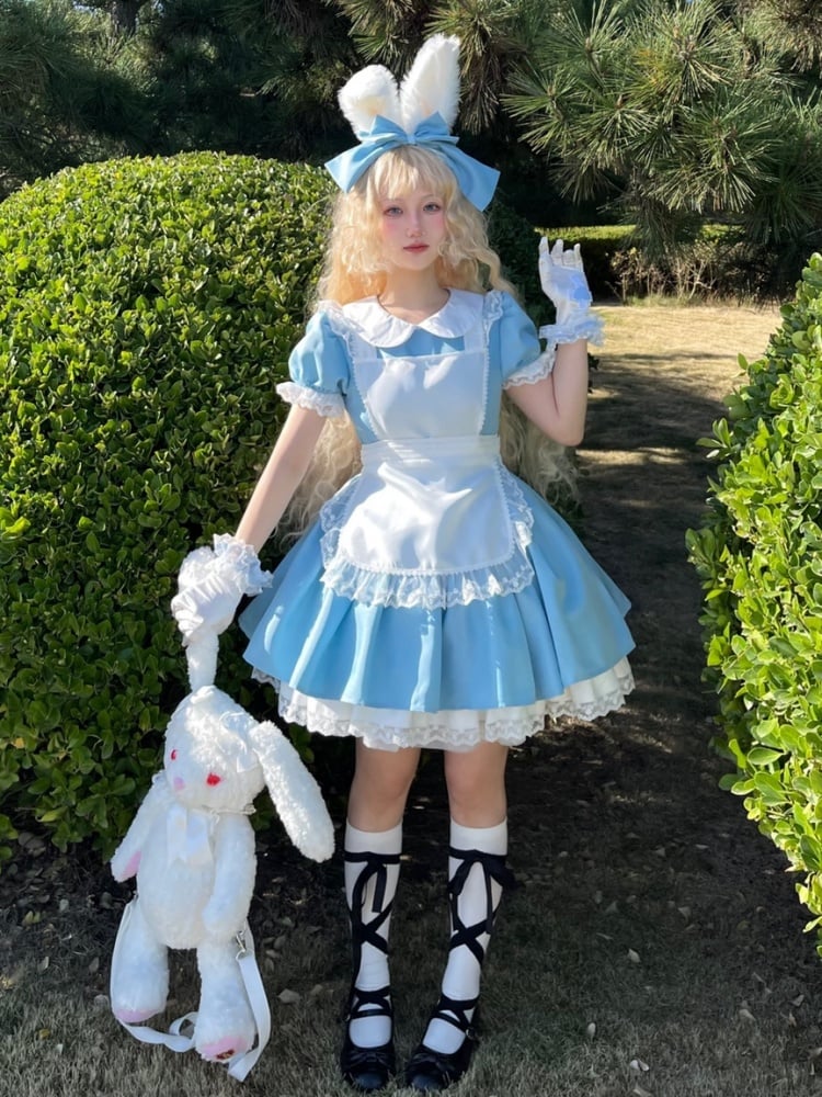 Plus Size Friendly Blue Short Version Maid One Piece + Apron Alice in Wonderland Vibes