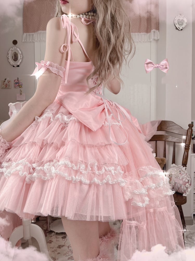 Light Pink Balletcore Princess Dress Pleating Details Bodice Puffy Skirt Jumper Skirt