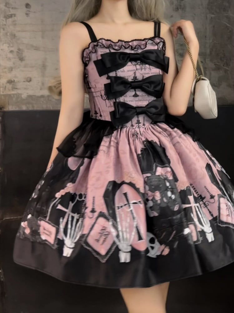 Skull and Coffin Print Boned Basque Waist Jumper Skirt Pink and Black
