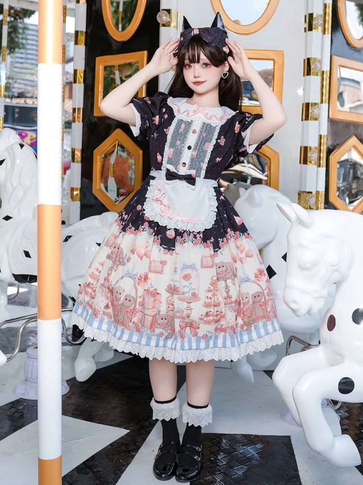 Sweet Kitty and Dessert Print Black Polka-dot One Piece