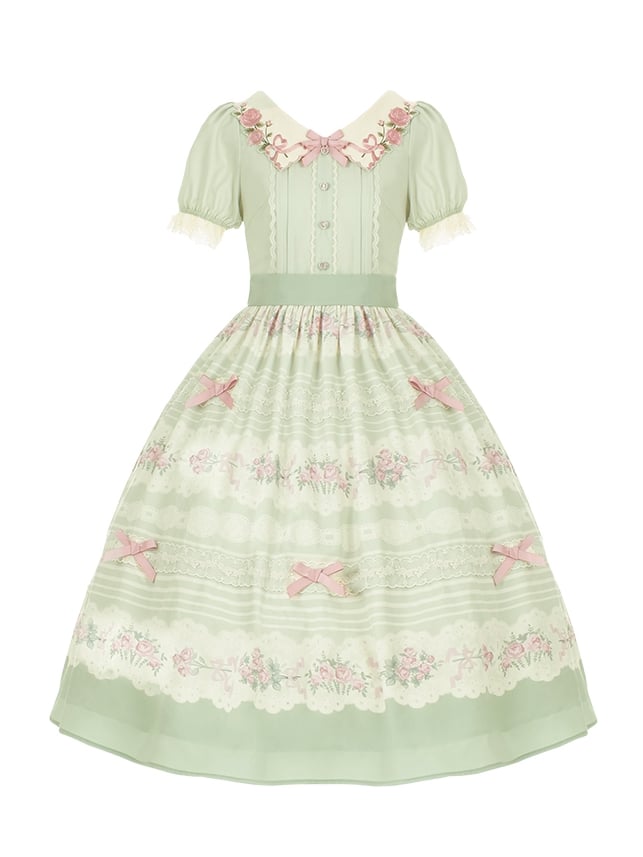 Rose Embroidery Collar Green and Pink Floral Dress One Piece