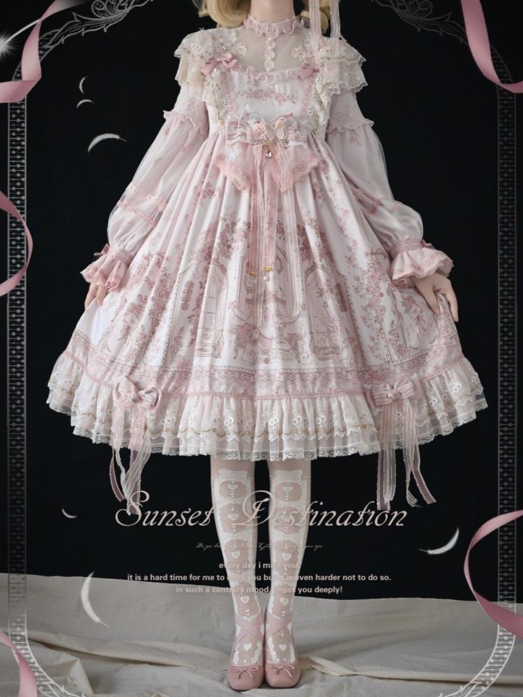 In Stock Sunset Scene High Waist Bowknot Details Long Sleeves Hime One Piece Full Set