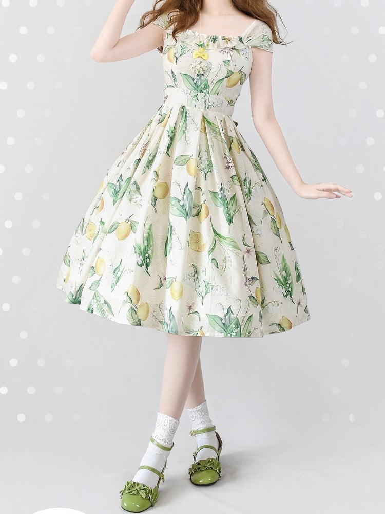 Yellow and Green Lemon Print Jumper Skirt Spring Summer Dress