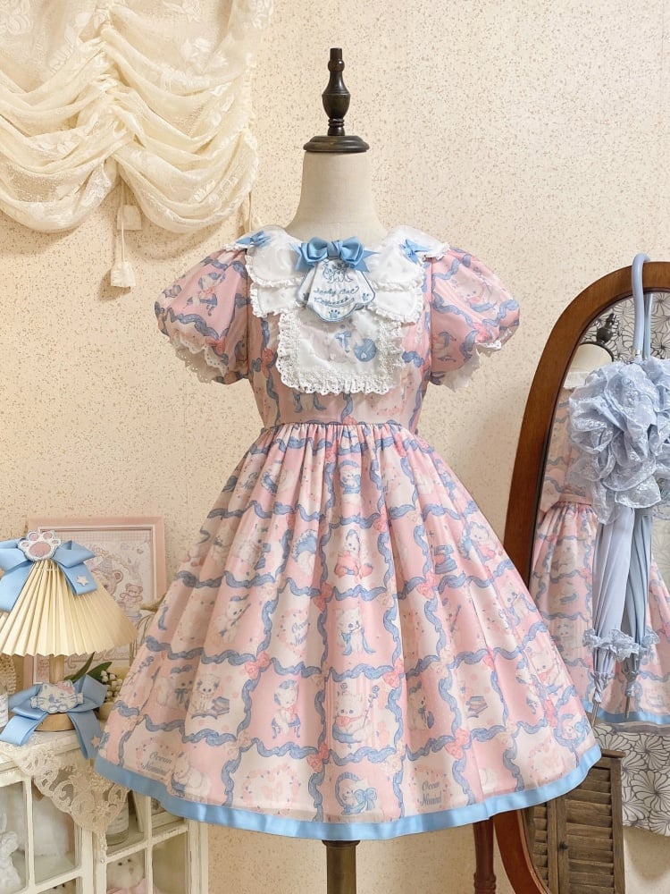 Pink and Blue Sweet Kitty Print High Waist One Piece - Sukuroi