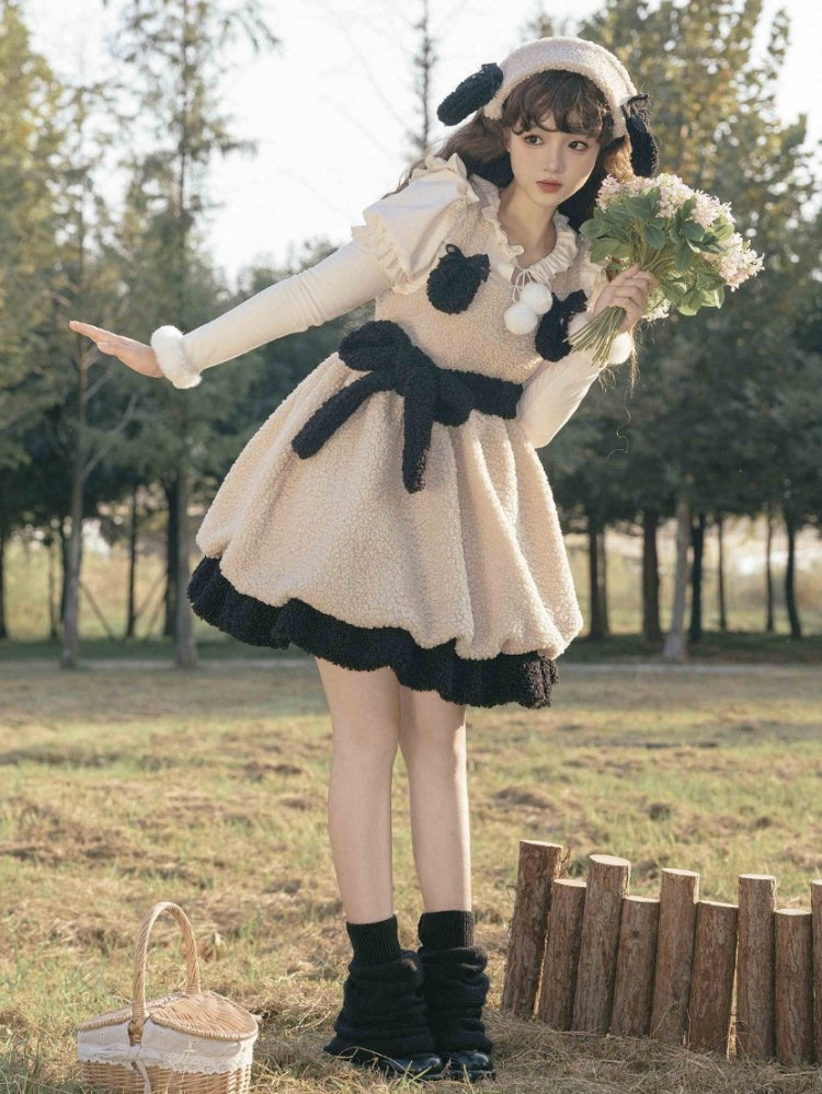 Winter Fleece Bubble Jumper Skirt Detachable Plush Lamb Ears