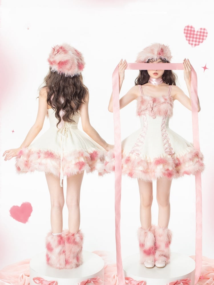 Pink Winter Fluffy Neckline and Hemline Tweed Jumper Skirt - Sukuroi