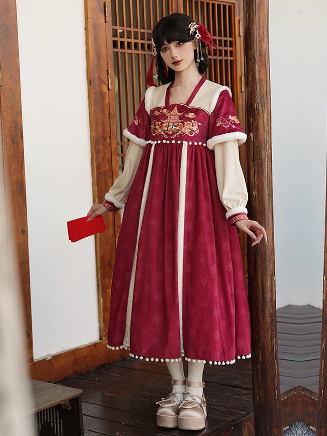 Red Embroidery Details Bodice Served Ru Long Sleeves Han Dress - Sukuroi