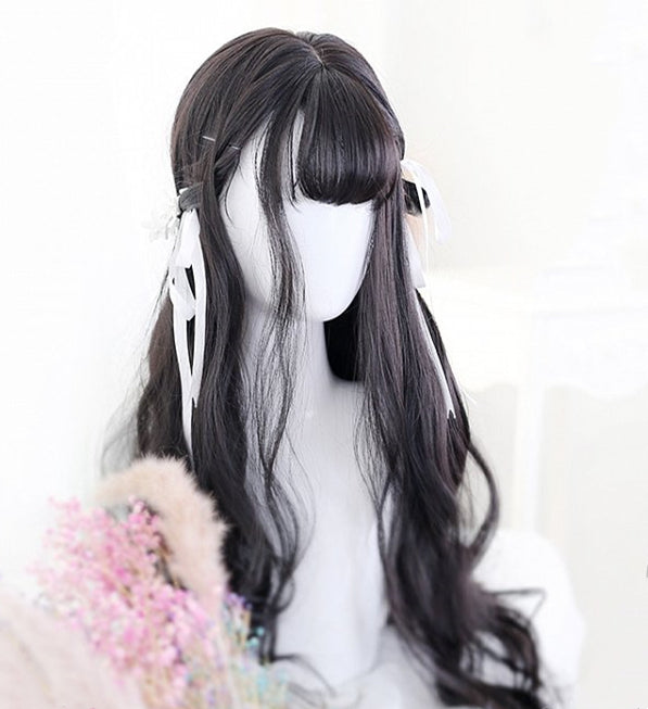 Sylvia Black Air Bangs Long Wavy Curly Synthetic Wig