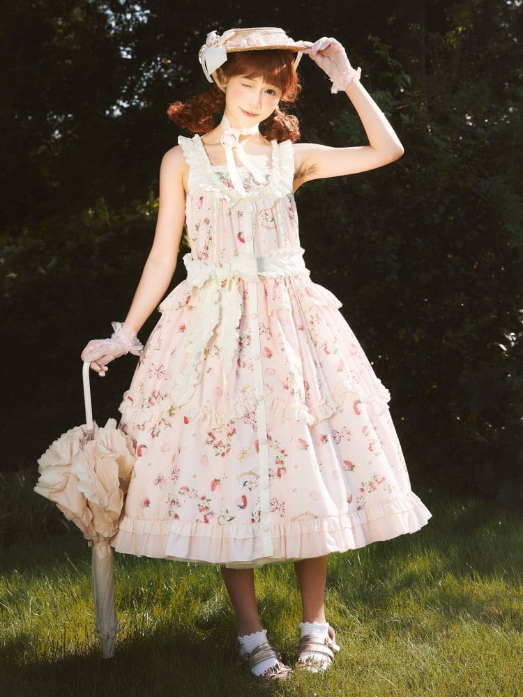 PInk Strawberry and Floral Print Jumper Skirt Front Button Placket - Sukuroi