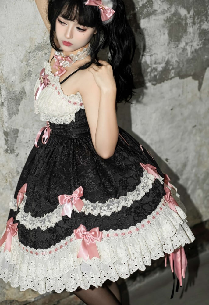 Plus Size Friendly Black Rosette Pattern Fabric Detachable Bowknots Jumper Skirt - Sukuroi