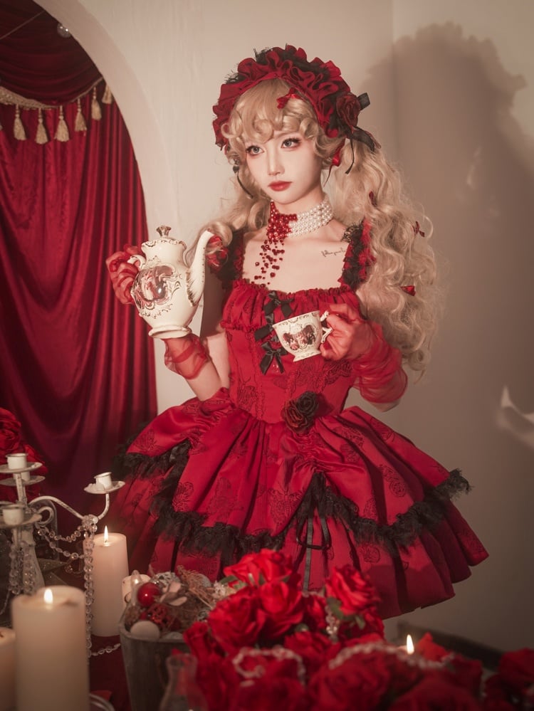New Year Red Corset Waist Butterfly Print Jumper Skirt - Sukuroi