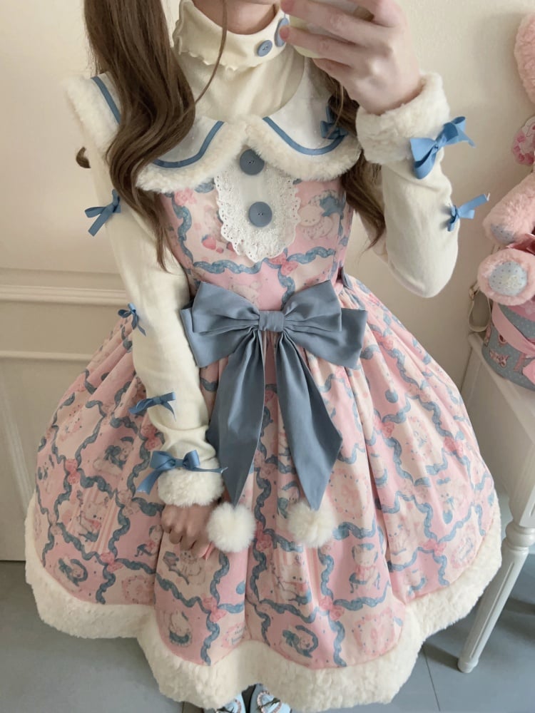 Kitty Embroidery Collar Sweet Pink and Blue Winter Jumper Skirt - Sukuroi