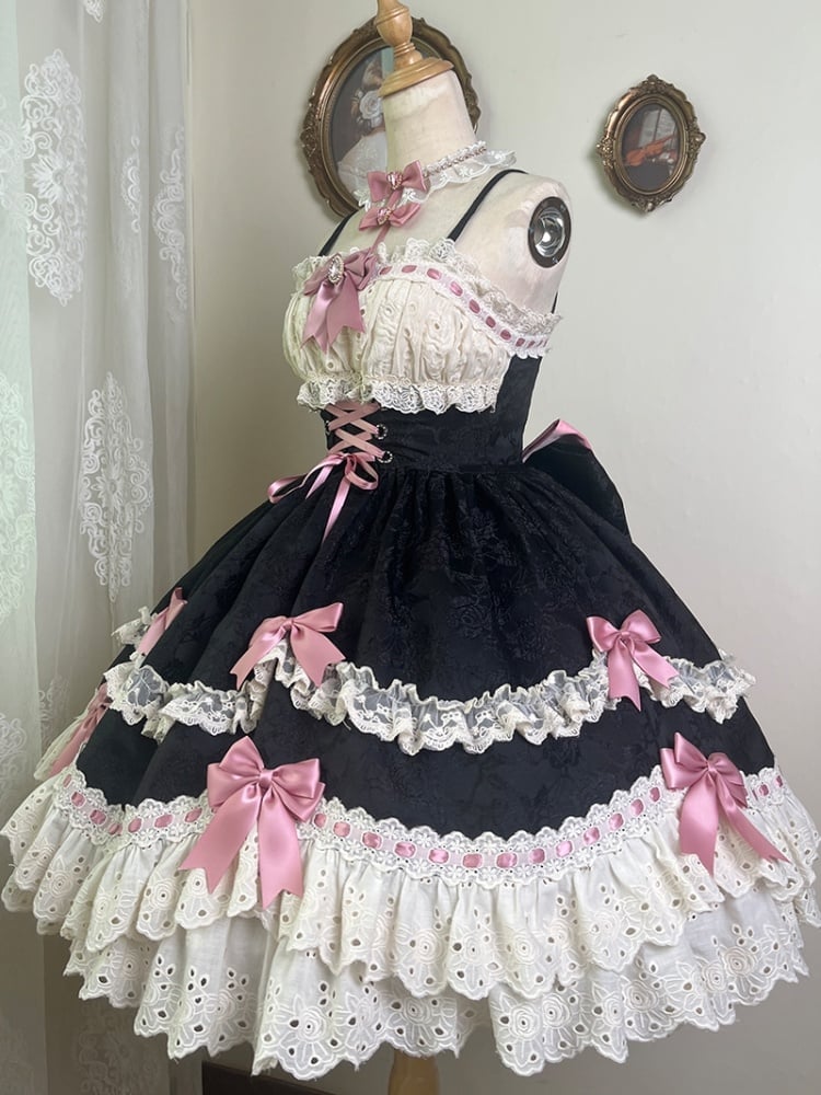 Plus Size Friendly Black Rosette Pattern Fabric Detachable Bowknots Jumper Skirt - Sukuroi