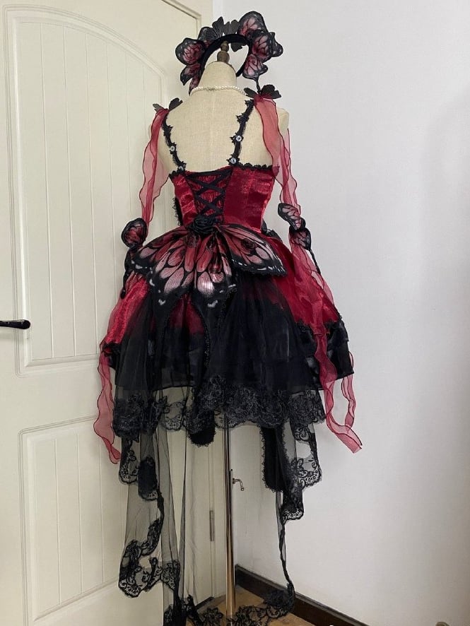 Wine Red Butterfly Jumper Skirt Gothic Princess Dress with Butterfly Train