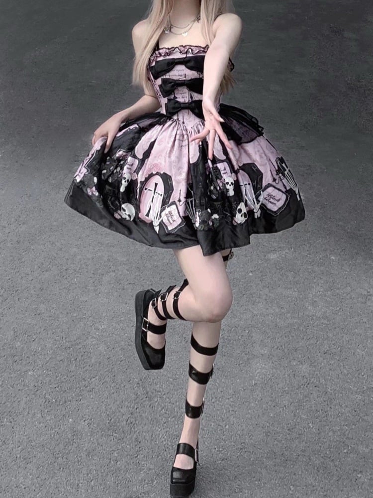 Skull and Coffin Print Boned Basque Waist Jumper Skirt Pink and Black