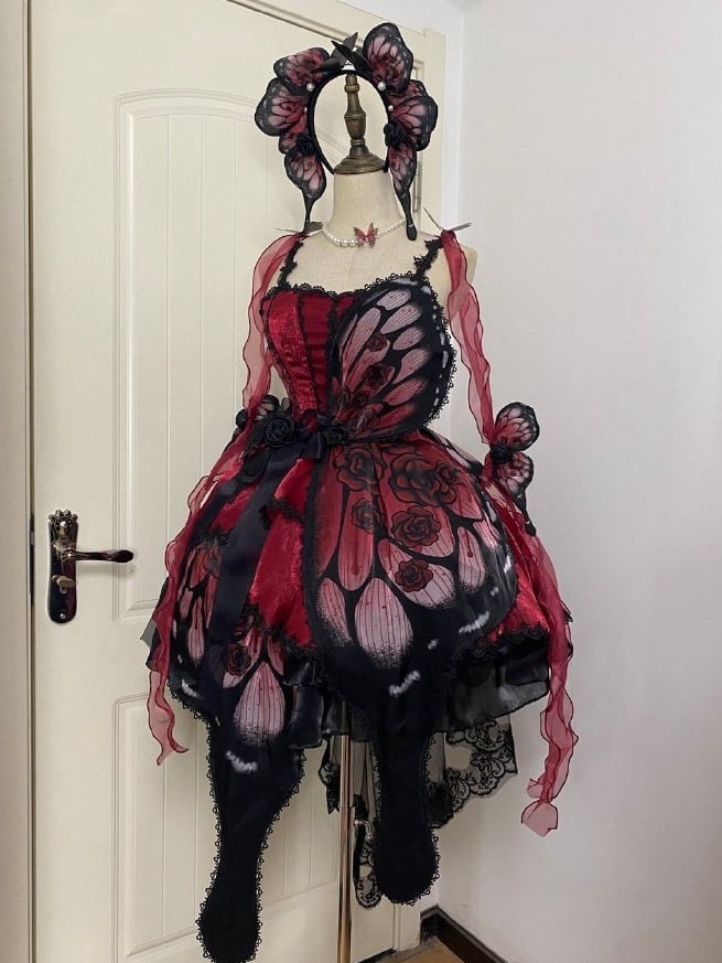 Wine Red Butterfly Jumper Skirt Gothic Princess Dress with Butterfly Train