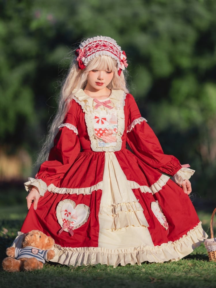 Red Picnic Basket Print Cottagecore Country One Piece - Sukuroi