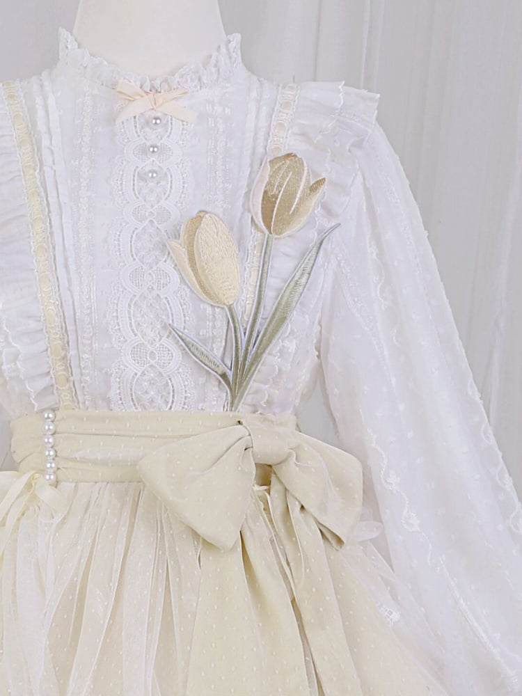White and Yellow Tulip Embroidery Applique Bodice One Piece