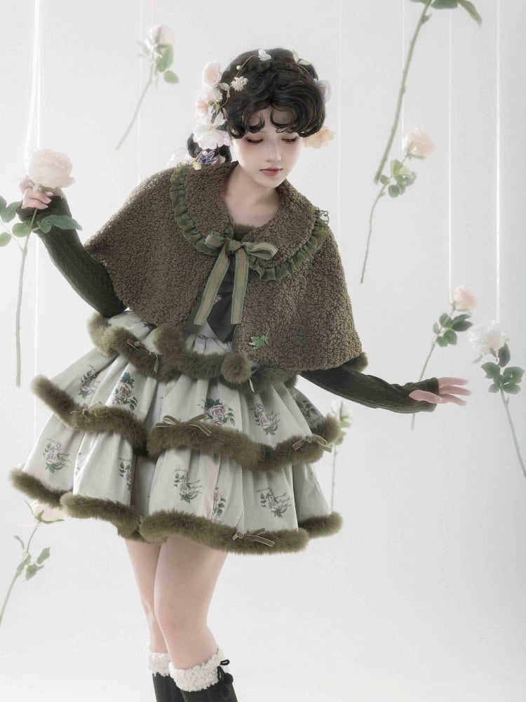 Rosette Print Green Plush Trim Tiered Jumper Skirt - Sukuroi
