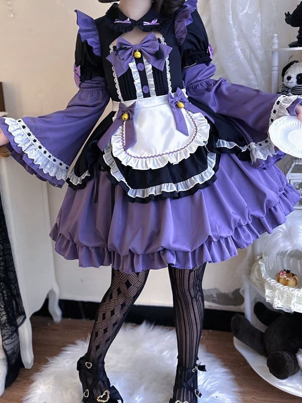 Purple and Black Peter Pan Collar Maid One Piece with Sleeves and Apron