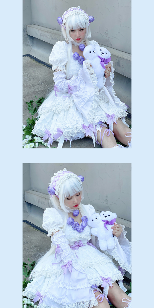 White Twins Short Puff Sleeves A-line Skirt Gothic One Piece Full Set