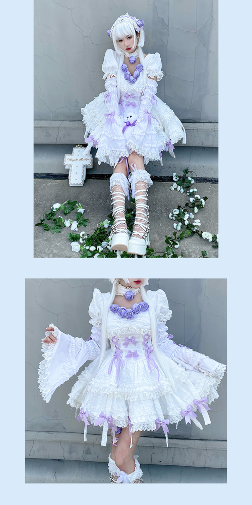 White Twins Short Puff Sleeves A-line Skirt Gothic One Piece Full Set