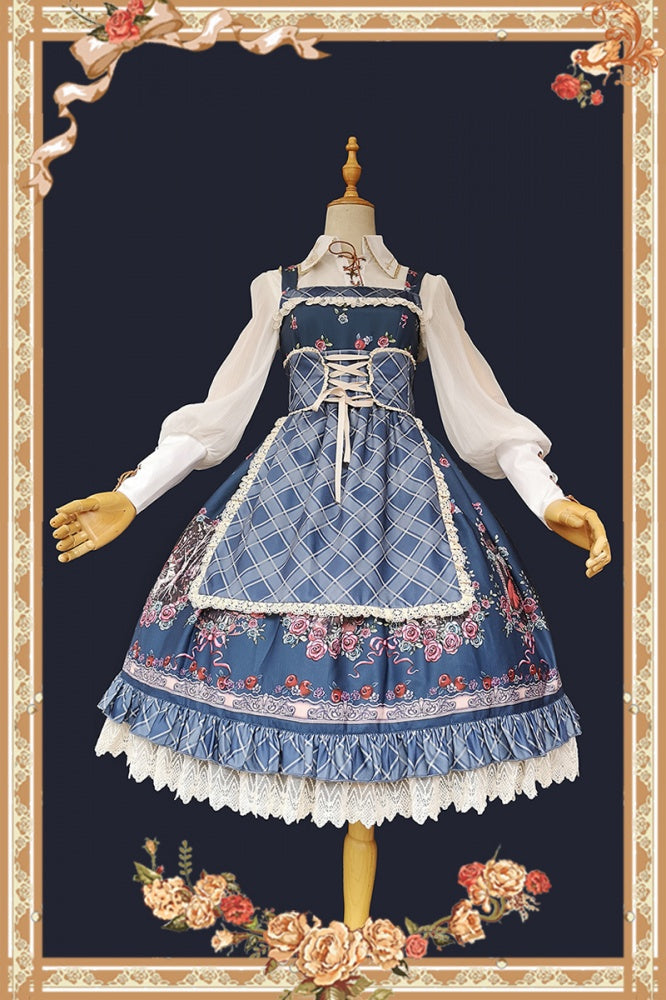 Front view of blue Little Red Riding Hood jumper skirt with blouse