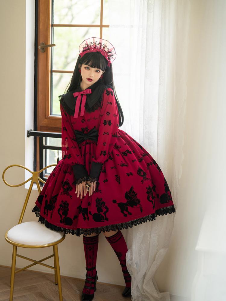 Red Cute Poodle Print Bowknot Details Lace Trim Long Sleeves One Piece