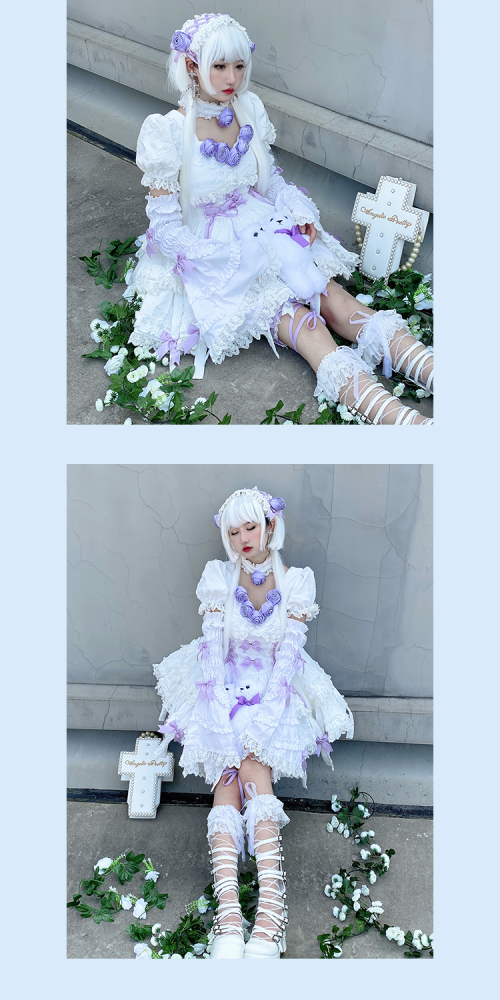 White Twins Short Puff Sleeves A-line Skirt Gothic One Piece Full Set