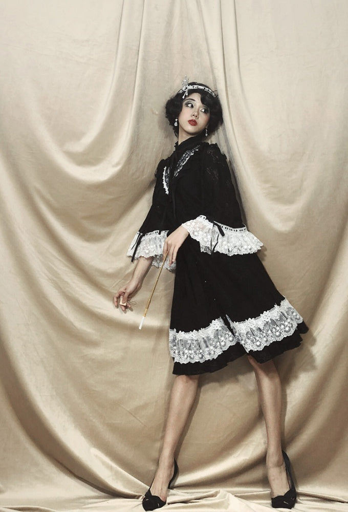 Freya Black and White Lace Ruffle Neckline Design Elegant One Piece