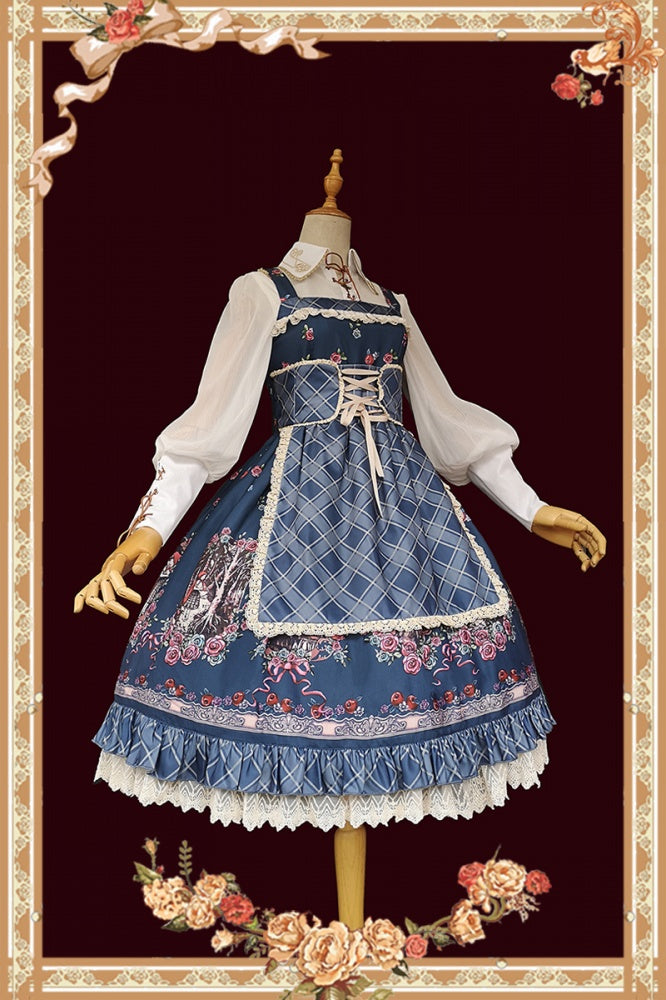 Side view of blue Little Red Riding Hood jumper skirt with blouse