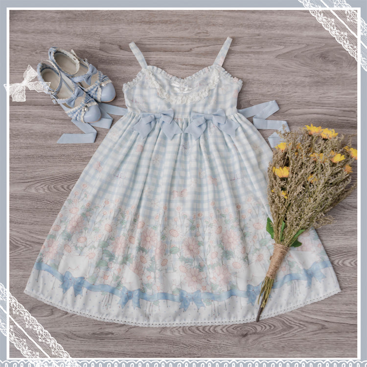 Margaret Floral Print Bowknot Details Gingham Pattern V-neck Jumper Skirt