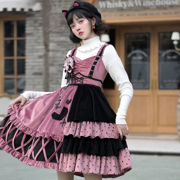 Black and Pink Sweet Lolita Jumper Skirt / Top