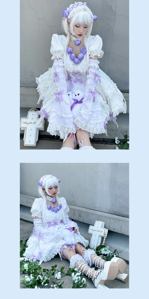 White Twins Short Puff Sleeves A-line Skirt Gothic One Piece Full Set