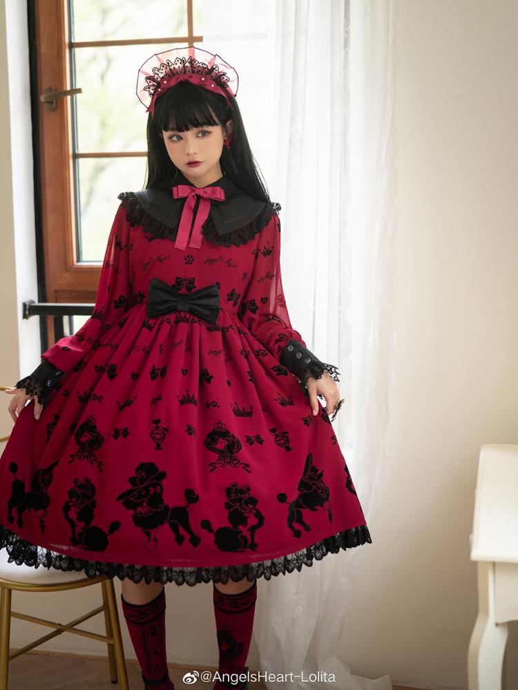 Red Cute Poodle Print Bowknot Details Lace Trim Long Sleeves One Piece
