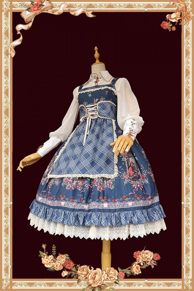 Side angle of blue Little Red Riding Hood jumper skirt with blouse