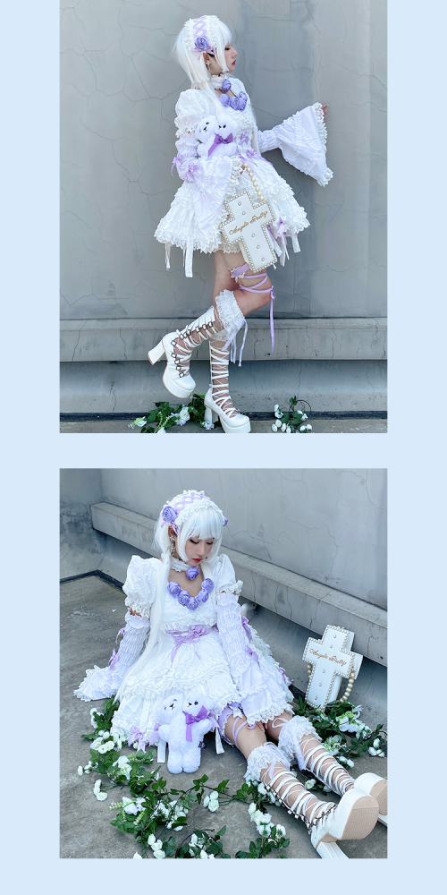 White Twins Short Puff Sleeves A-line Skirt Gothic One Piece Full Set