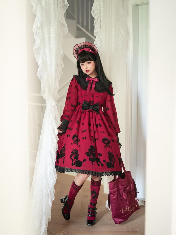 Red Cute Poodle Print Bowknot Details Lace Trim Long Sleeves One Piece