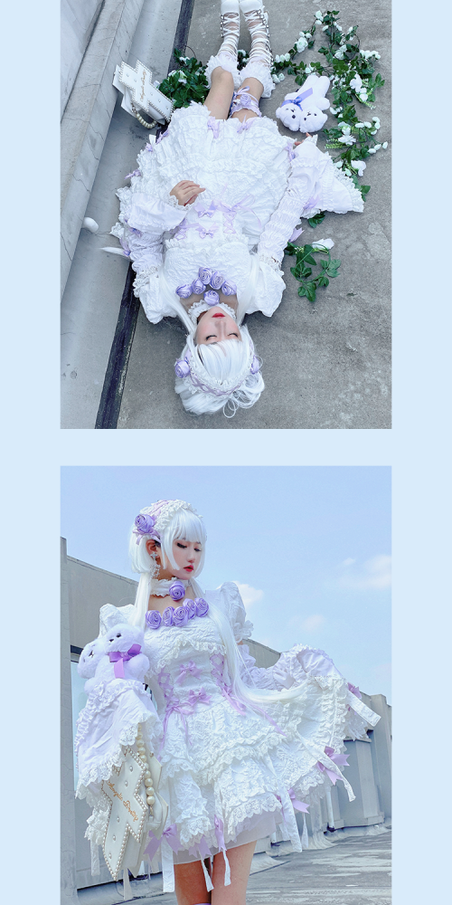 White Twins Short Puff Sleeves A-line Skirt Gothic One Piece Full Set