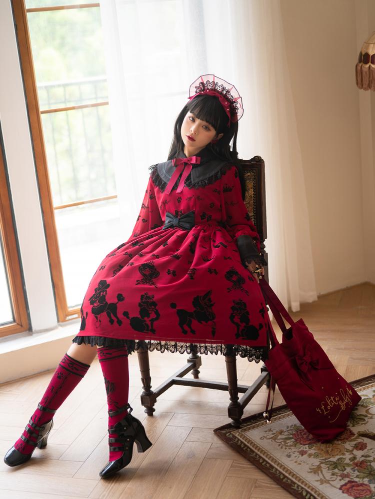 Red Cute Poodle Print Bowknot Details Lace Trim Long Sleeves One Piece