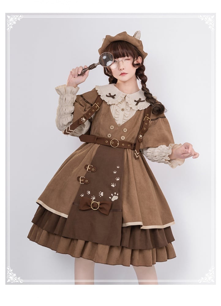 Detective Kitten V-neckline Jumper Skirt / Leg-of-mutton Sleeves Shirt / Cape Full Set