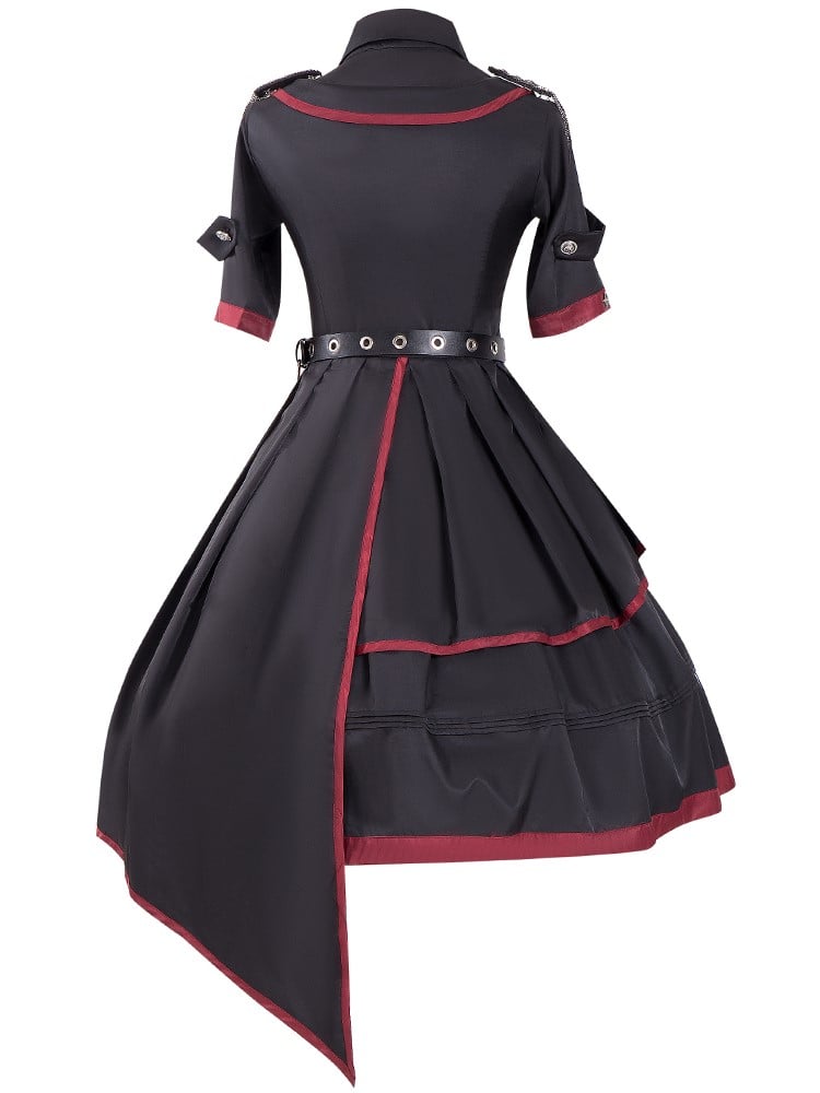 Back view of black Gothic military dress with red trim