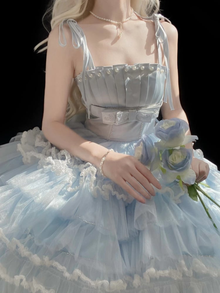 Light Blue Balletcore Princess Dress Pleating Details Bodice Puffy Skirt Jumper Skirt