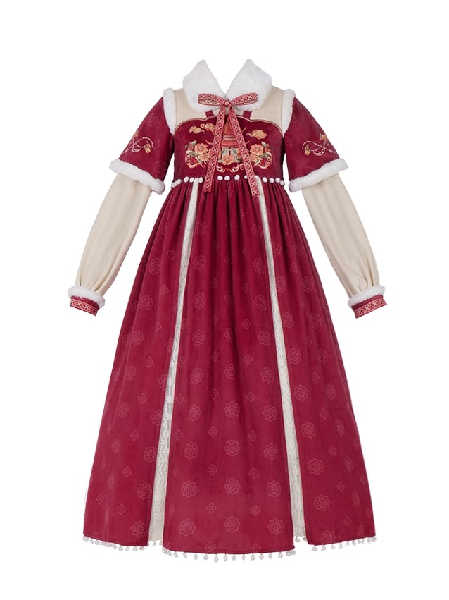 Red Embroidery Details Bodice Served Ru Long Sleeves Han Dress - Sukuroi