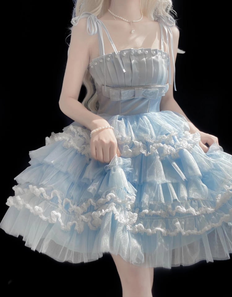 Light Blue Balletcore Princess Dress Pleating Details Bodice Puffy Skirt Jumper Skirt