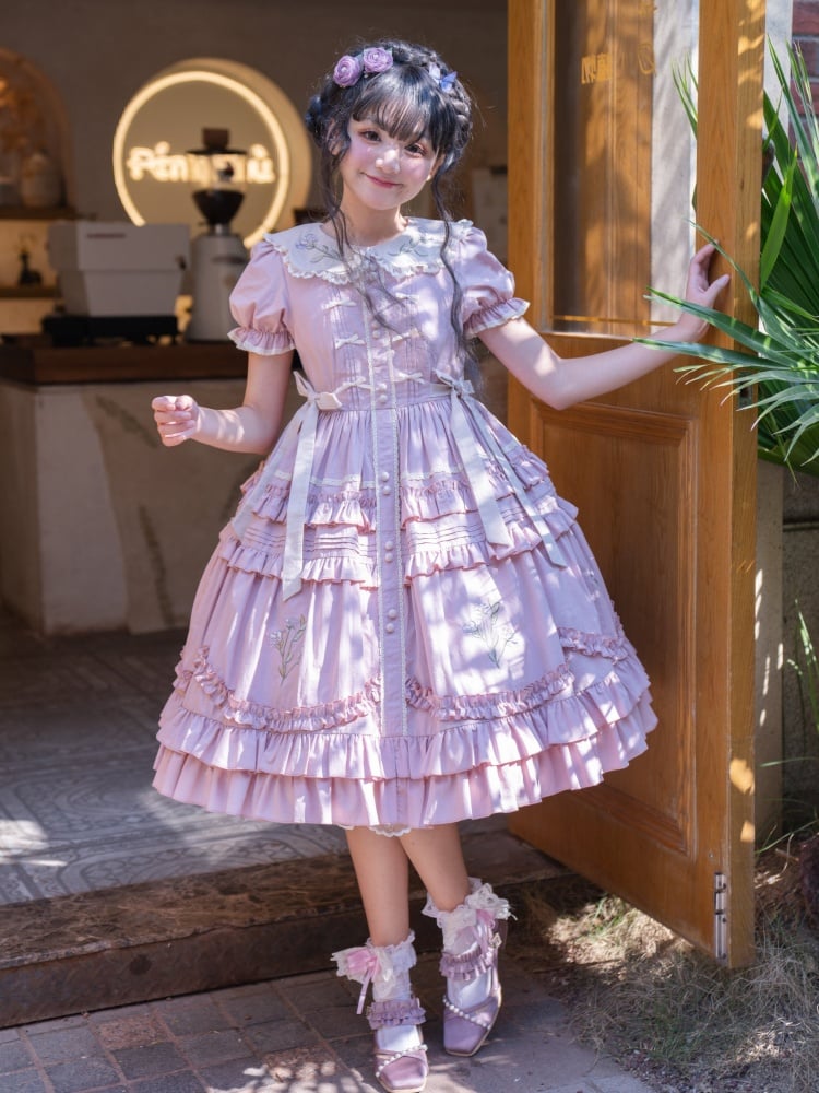 Pink Iris Embroidery Peter Pan Collar Ruffle Hem One Piece - Sukuroi