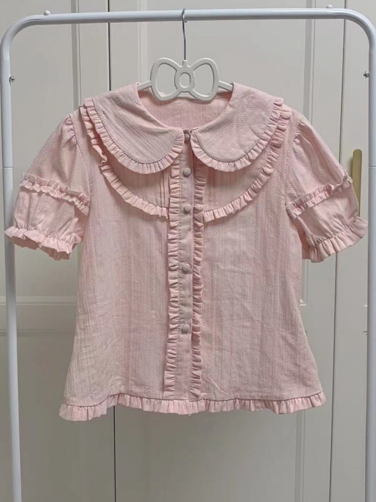 Pink Peter Pan Collar Shirt / Black Teddy High Waist Overalls