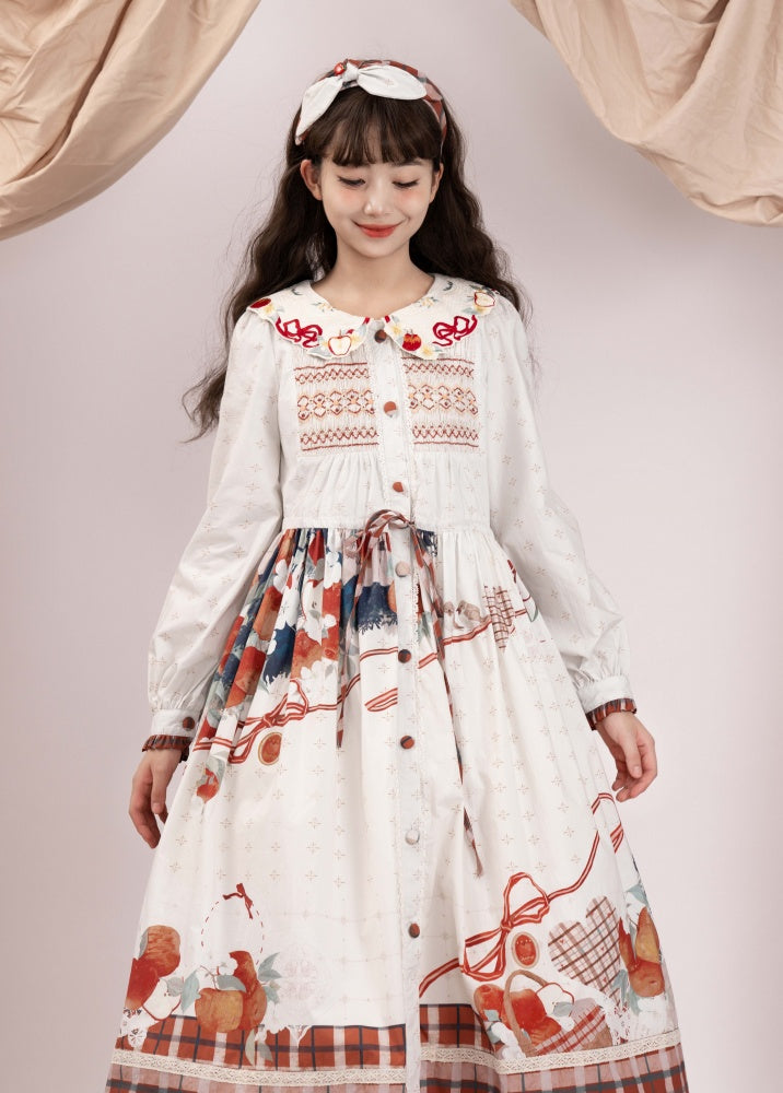 White Apple and Plaid Print Front Button Placket Autumn One Piece