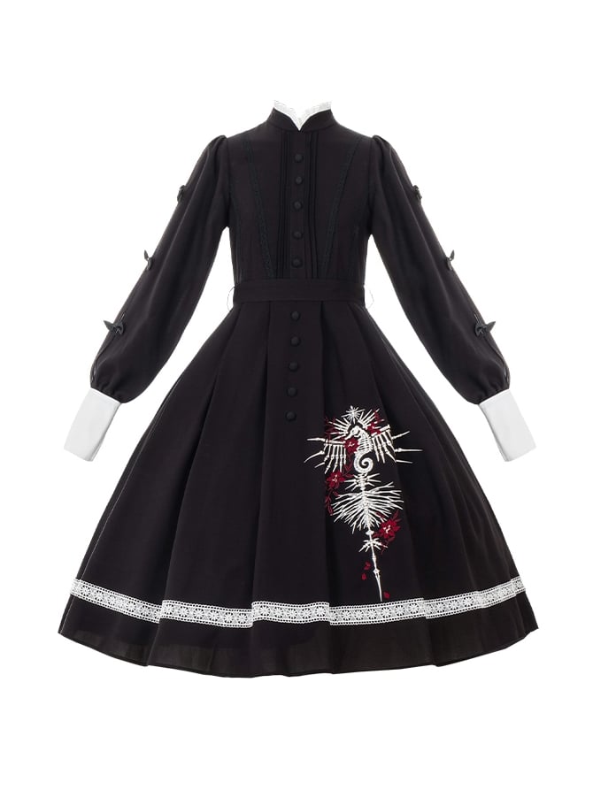 Black Gothic Skeleton Dress with floral embroidery and banded collar